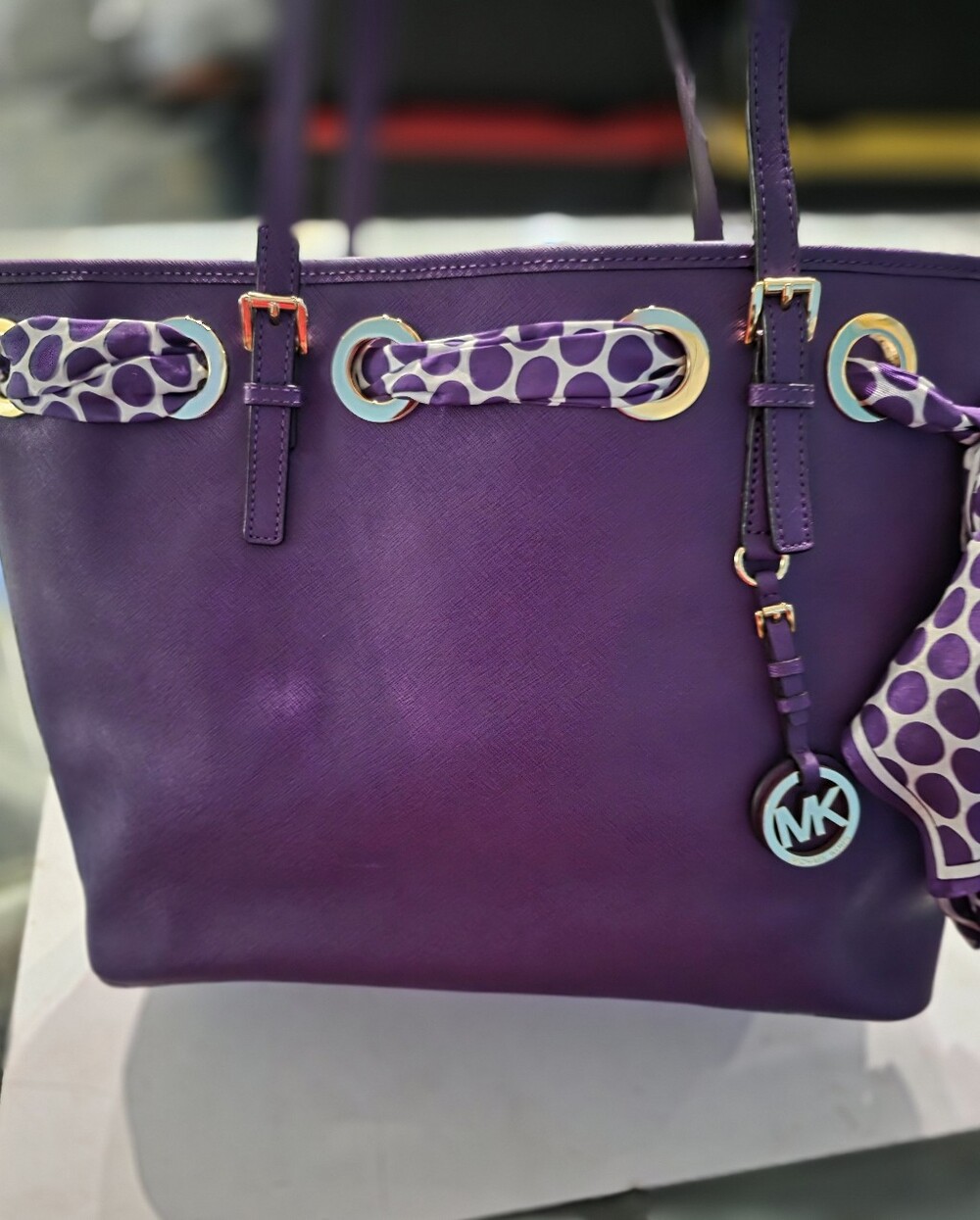 New Michael Kors Large Purple Leather Tote with Polka-Dot Scarf Accent - Picture 2 of 6